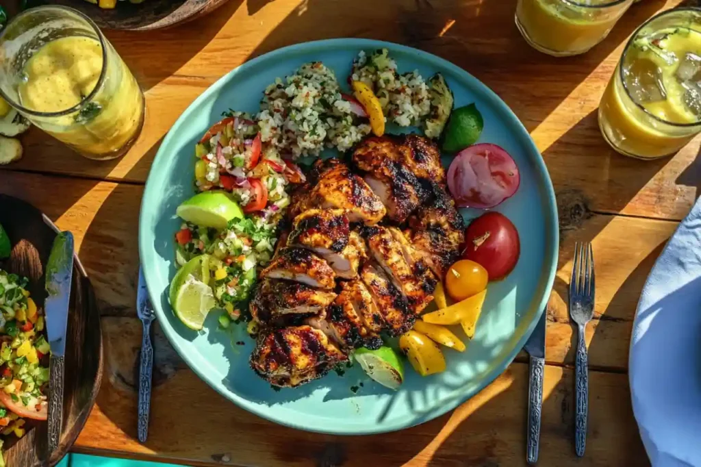 Grilled chicken served with fresh tabbouleh, grilled vegetables, lime wedges, and colorful cherry tomatoes on a light blue plate.