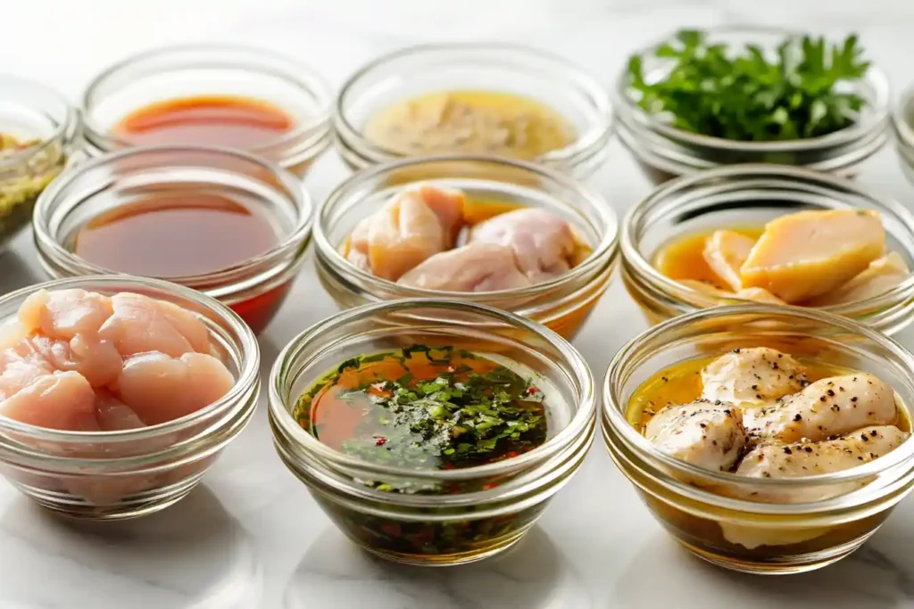 Glass bowls filled with various ingredients, including raw chicken pieces, marinades, and fresh herbs, arranged neatly on a white surface.Is it Healthier to Cook Chicken in the Oven? Amazing Secret 7