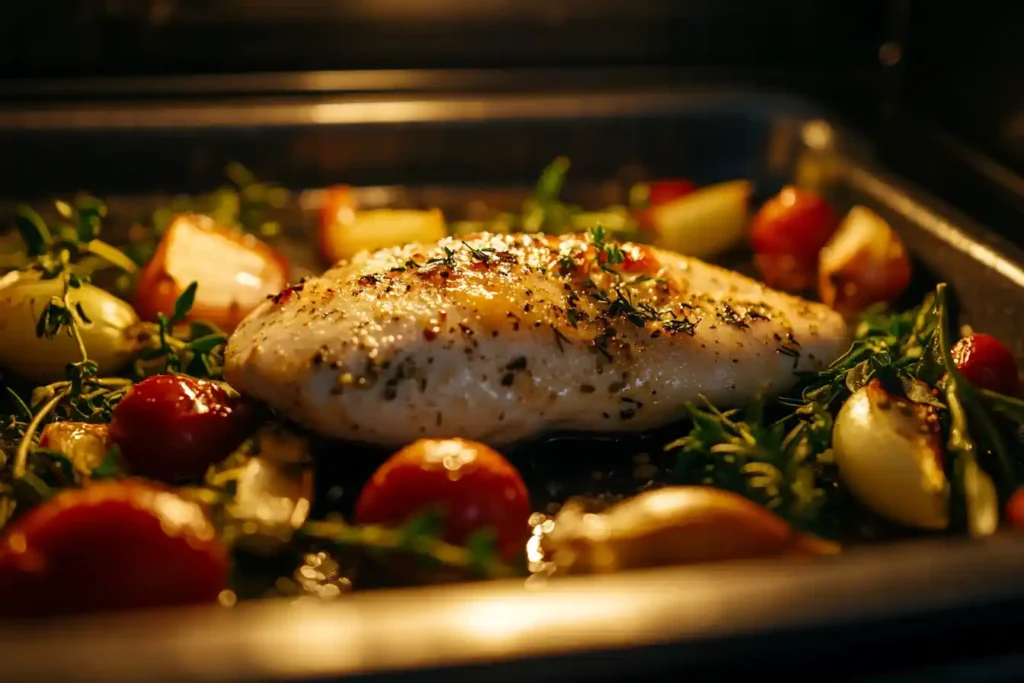 A seasoned chicken breast roasting in the oven surrounded by cherry tomatoes, onion wedges, and fresh herbs on a baking tray.