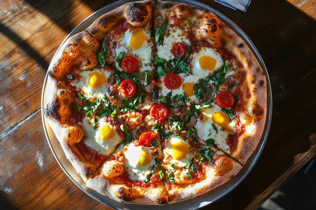 A pizza topped with sunny-side-up eggs, cherry tomatoes, fresh basil, and melted cheese on a crispy crust.