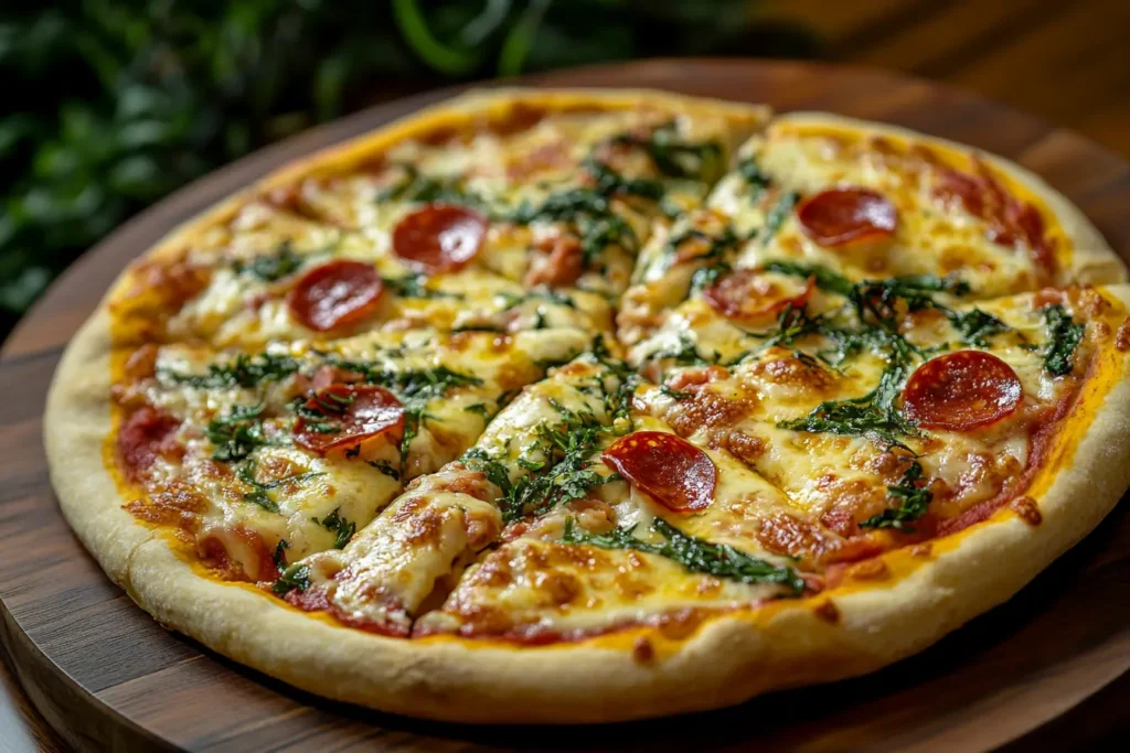 A classic pepperoni pizza with melted cheese, fresh greens, and a golden crust served on a wooden board.