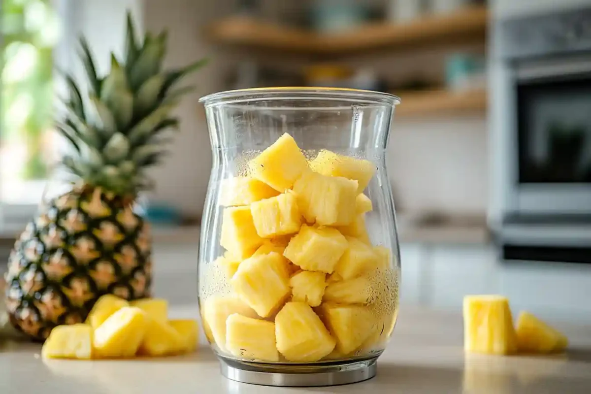 Glass jar filled with fresh pineapple chunks on a kitchen counter with a whole pineapple in the background.