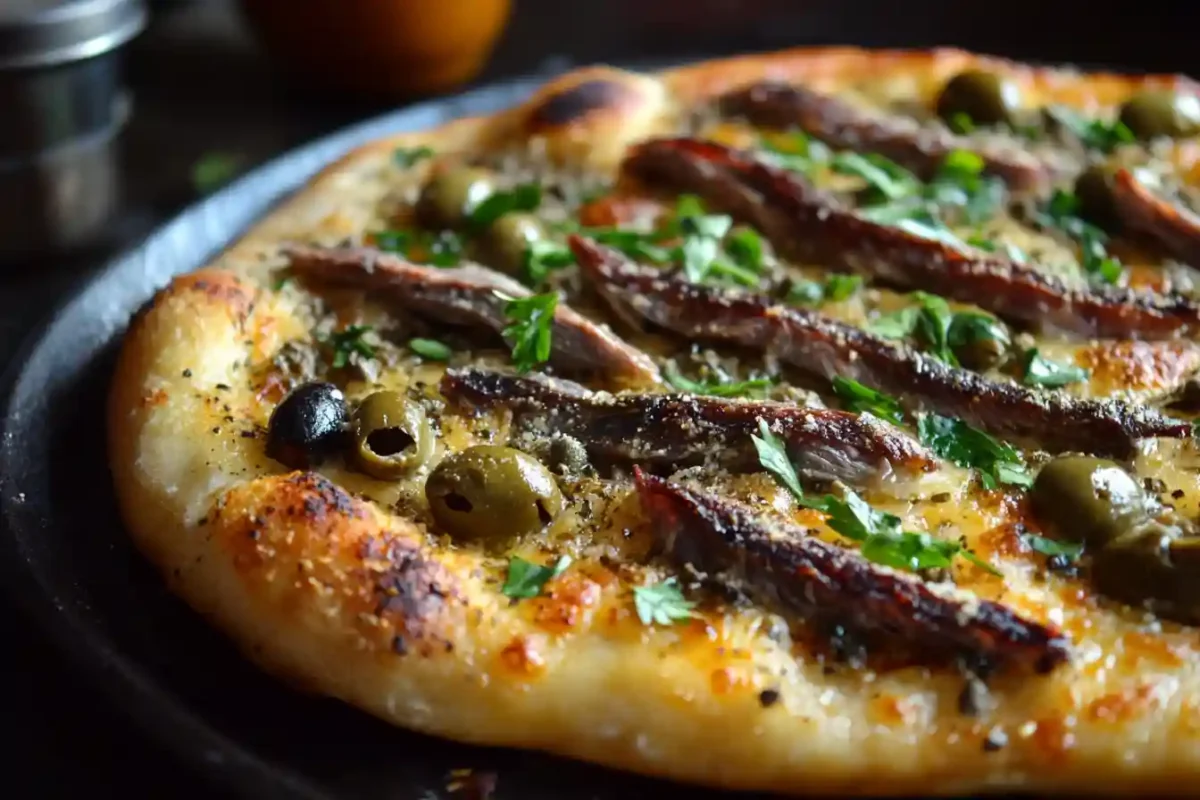 Pizza with anchovies, olives, and parsley.