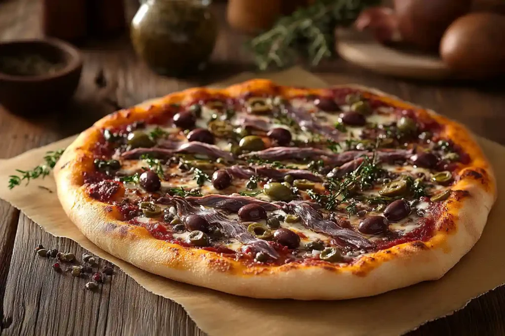 Thin-crust pizza with anchovies and olives Is Anchovies a Traditional Pizza Topping? 7 Incredible Facts