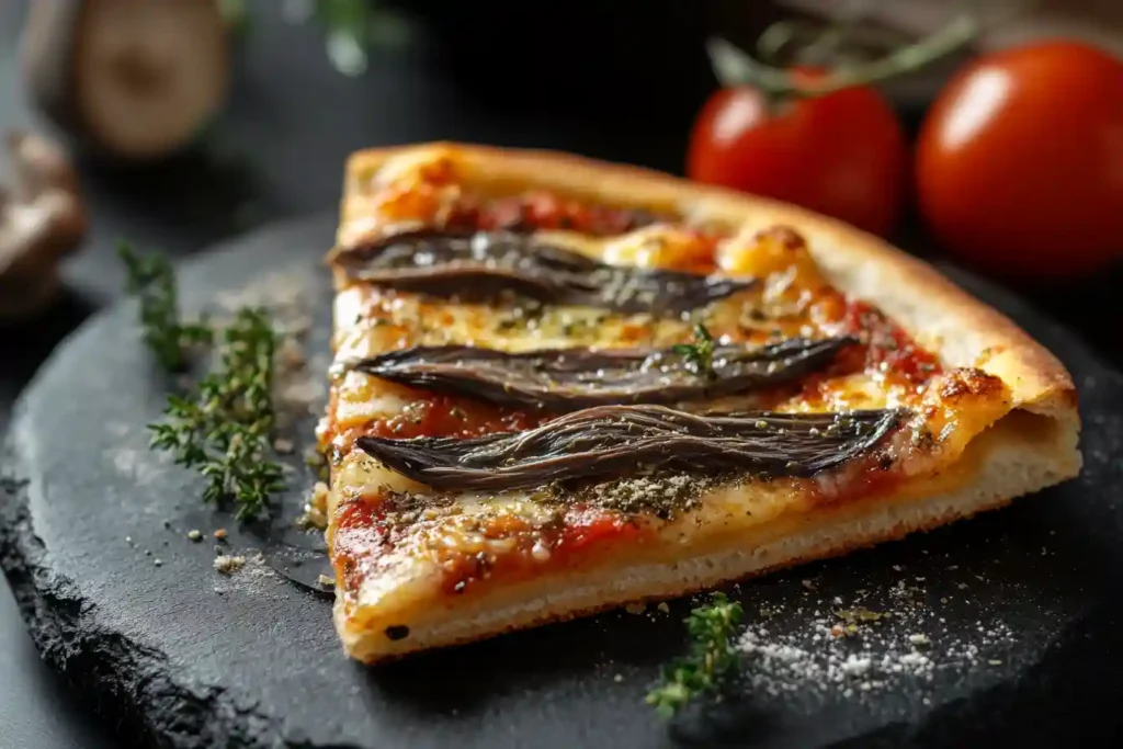 A single slice of anchovy pizza on a black slate plate, garnished with herbs and surrounded by fresh tomatoes.