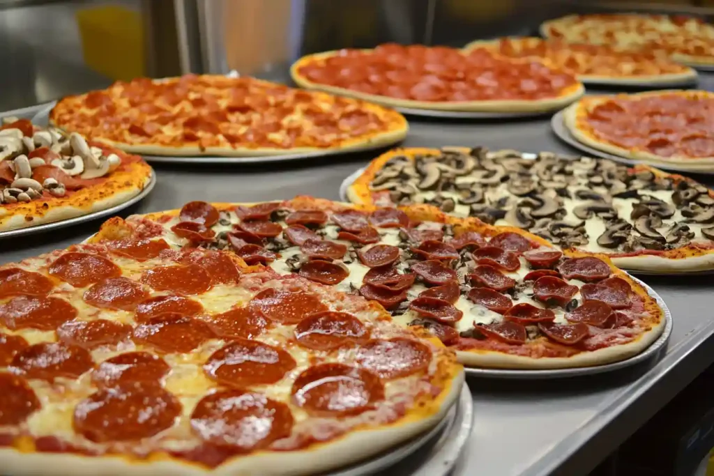 Display of pizzas with various toppings.