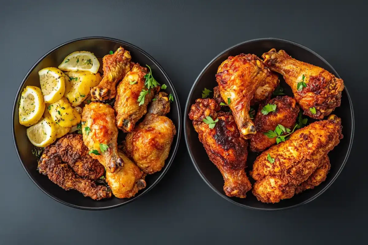 Two bowls with roasted and fried chicken drumsticks, garnished with herbs.