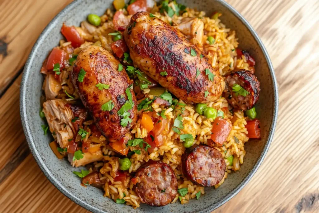Bowl of jambalaya with sausage and chicken