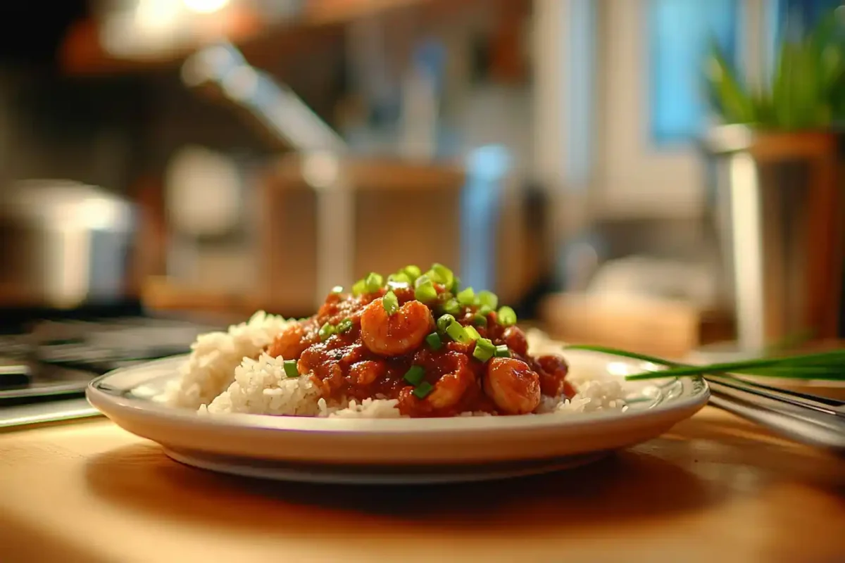 Shrimp in spicy tomato sauce over rice.