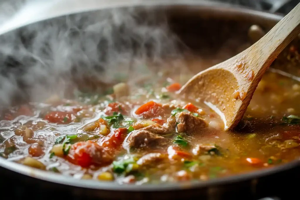 Steaming pot of meat and vegetable soup with wooden spoon