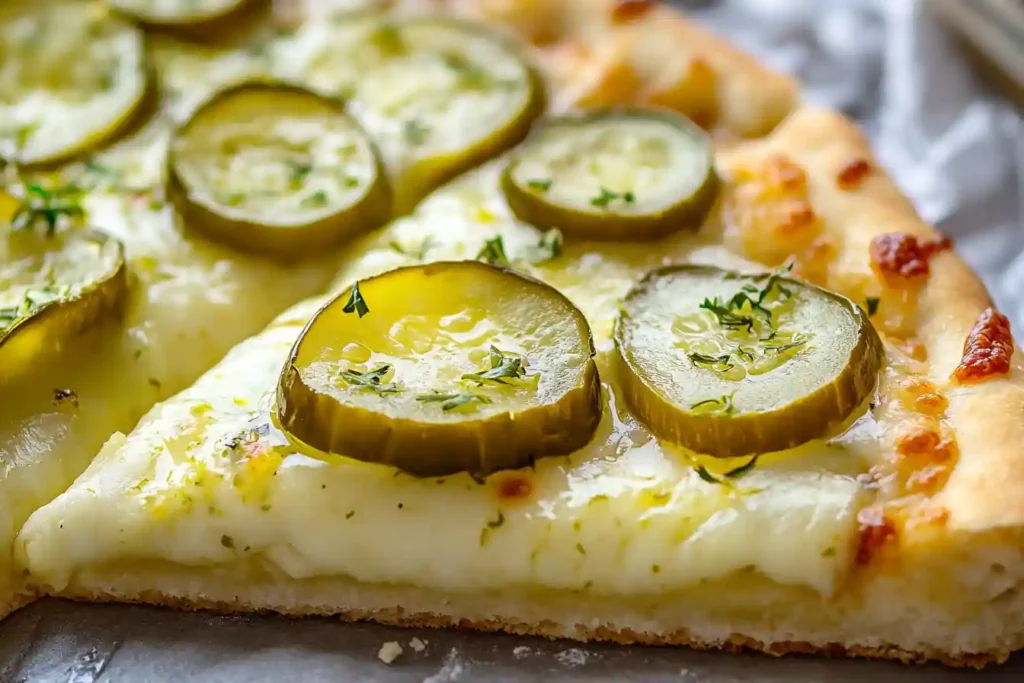 Close-up of a pizza slice with melted cheese, pickle slices, and fresh herbs, highlighting its texture and details.