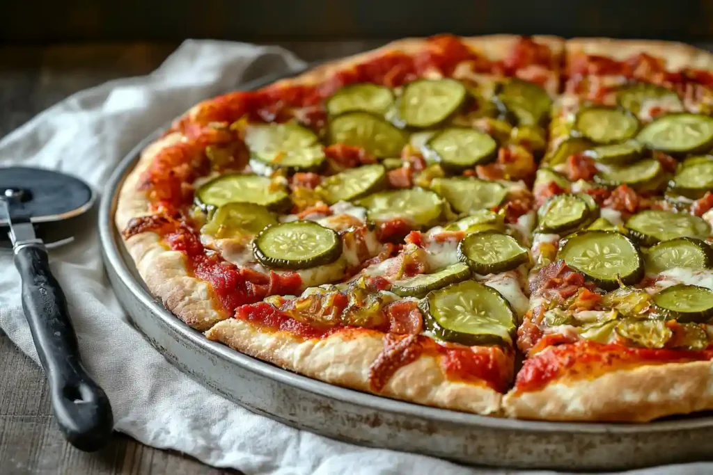 A pizza in a metal pan topped with pickles, tomato sauce, cheese, and herbs, placed on a white napkin with a pizza cutter beside it.