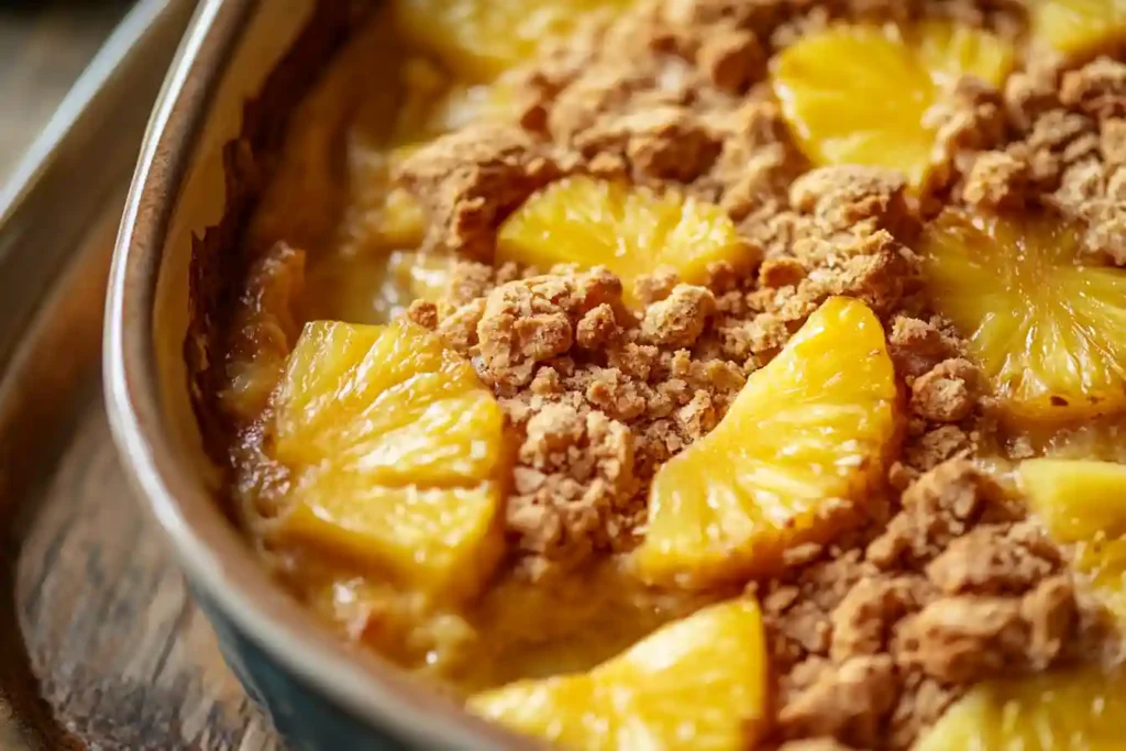  Close-up of pineapple casserole topped with golden slices and a crumbly brown sugar topping.