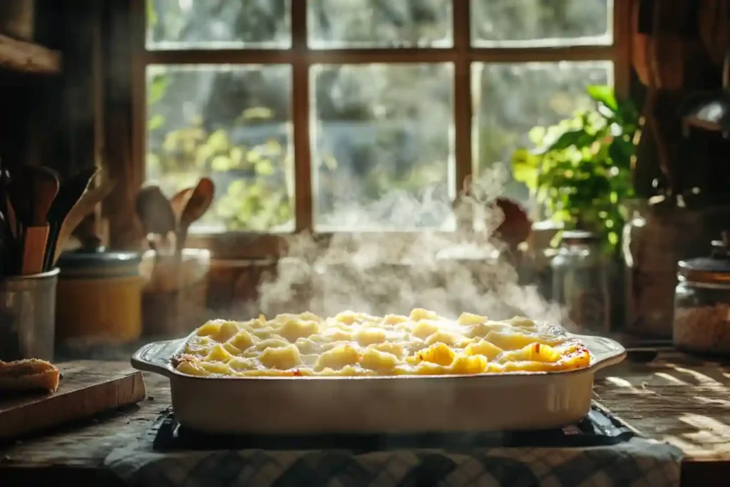 Steaming pineapple casserole in a rustic kitchen setting with sunlight streaming through a window.

