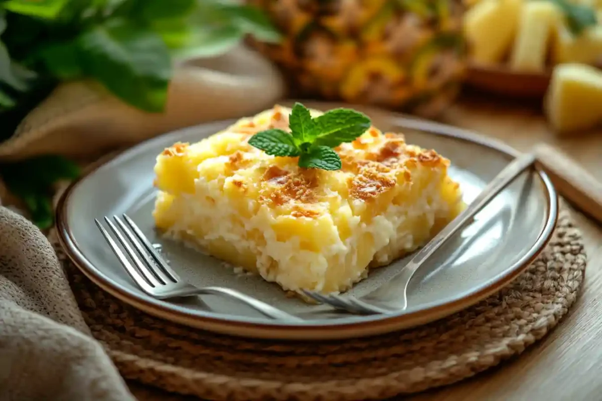 Golden pineapple casserole topped with crispy crust and mint garnish on a gray plate with forks.