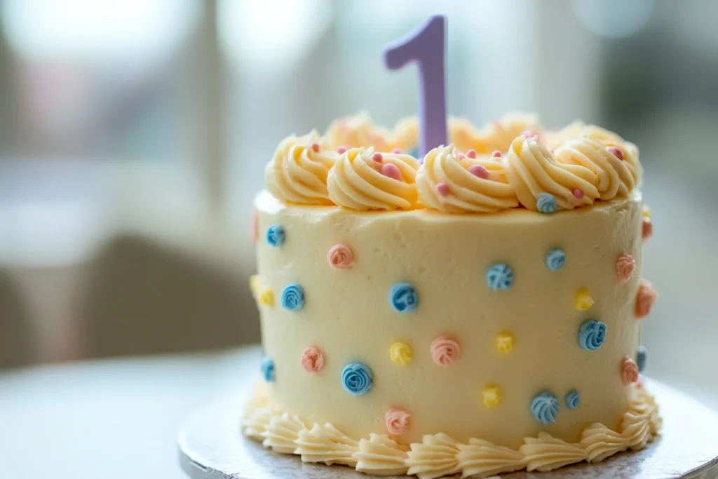 A beautifully decorated first birthday cake with pastel frosting swirls, colorful dot accents, and a purple number '1' topper.