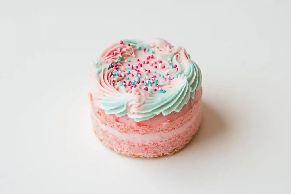 A small pastel pink smash cake with light blue and pink frosting swirls, topped with colorful sprinkles.