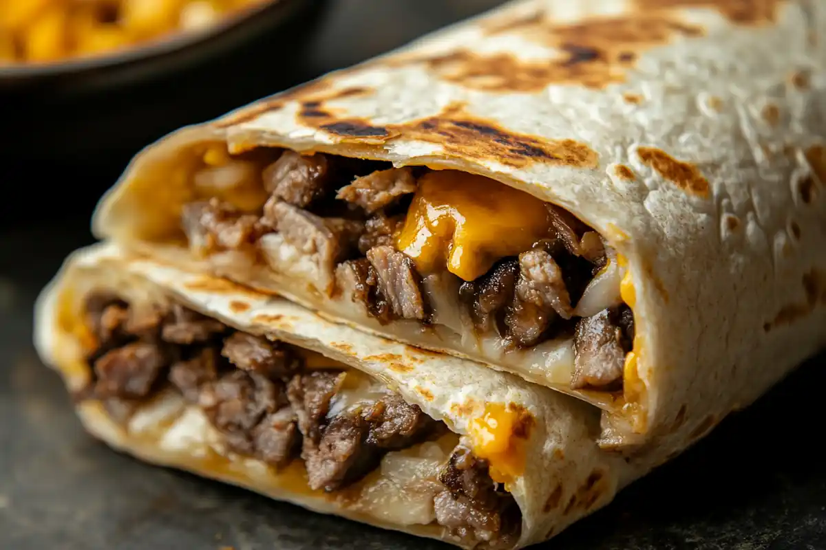 A close-up of a grilled cheese and beef wrap with melted cheddar.