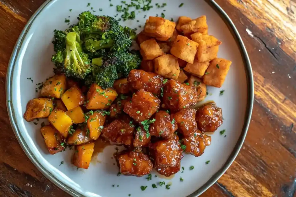 Plate of glazed sweetbreads with roasted potatoes, crispy tofu, and charred broccoli, garnished with fresh herbs.