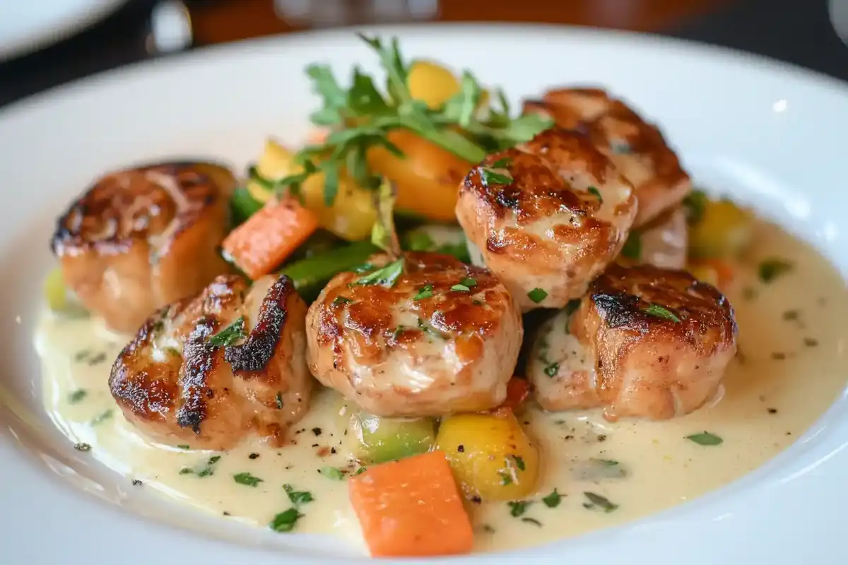 Seared sweetbreads served with a creamy sauce and mixed vegetables.