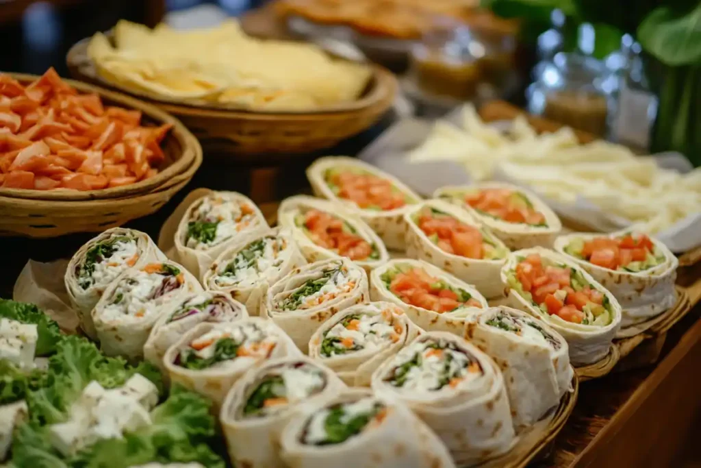 A selection of fresh vegetable and cheese wraps displayed at a buffet.