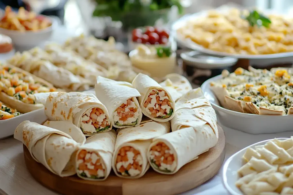 A platter of cheese and vegetable wraps alongside other assorted dishes at a buffet.