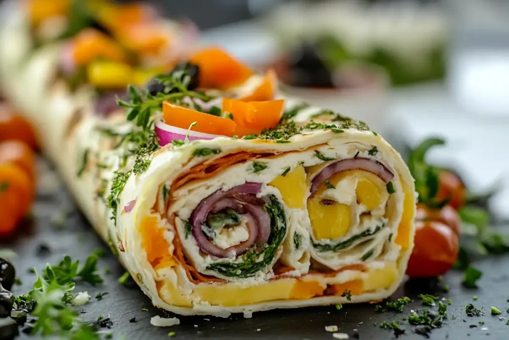 A close-up of a gourmet cheese wrap roll with colorful vegetables and herbs.