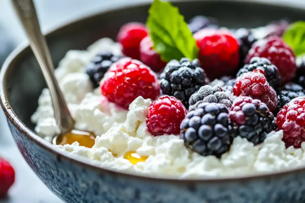 A close-up of a bowl of cottage cheese topped with fresh raspberries, blackberries, honey, and a mint leaf.What Can I Mix Cottage Cheese With?