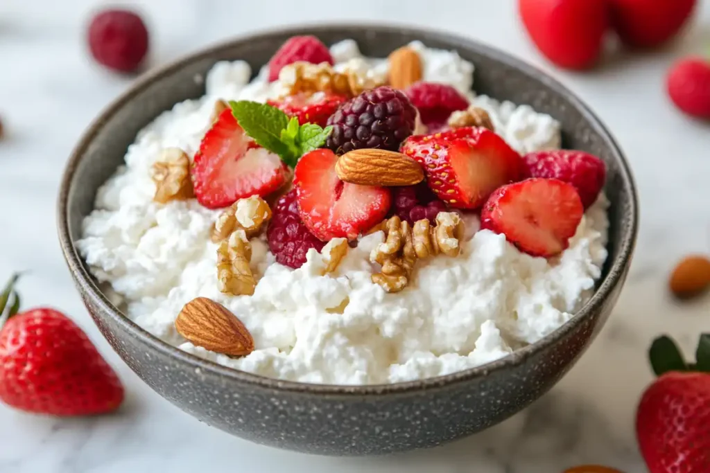 Cottage cheese with fresh fruits and nuts