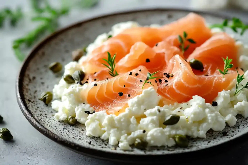 Various bowls of cottage cheese with different toppings, including fresh berries, nuts, and smoked salmon.