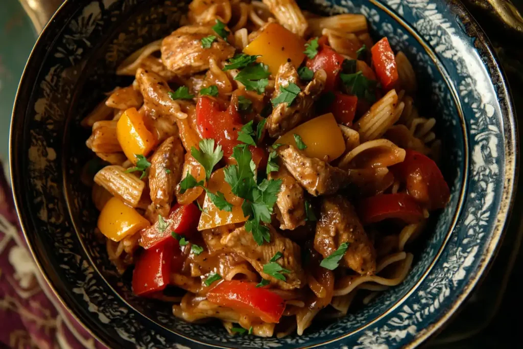 A vibrant bowl of pasta with grilled chicken, red and yellow bell peppers, garnished with fresh parsley in a decorative blue ceramic bowl.