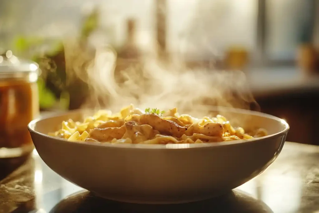 A steaming bowl of creamy pasta with tender chicken pieces, bathed in golden sunlight on a rustic kitchen table.