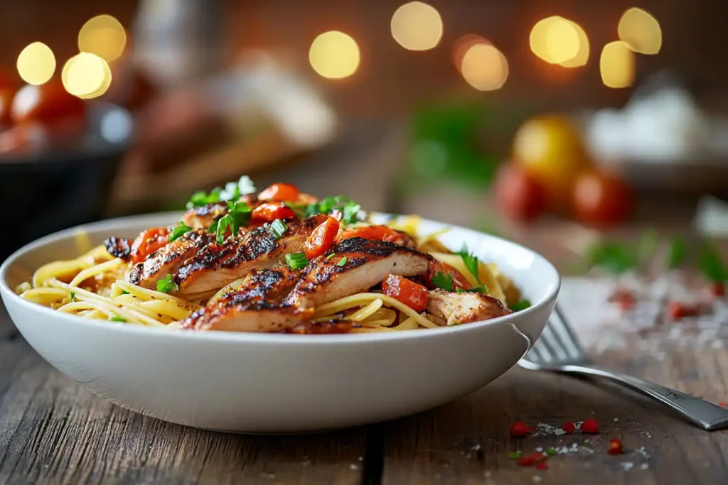 Spaghetti topped with grilled chicken breast, cherry tomatoes, and fresh parsley served in a white bowl on a wooden table with festive lights in the background.