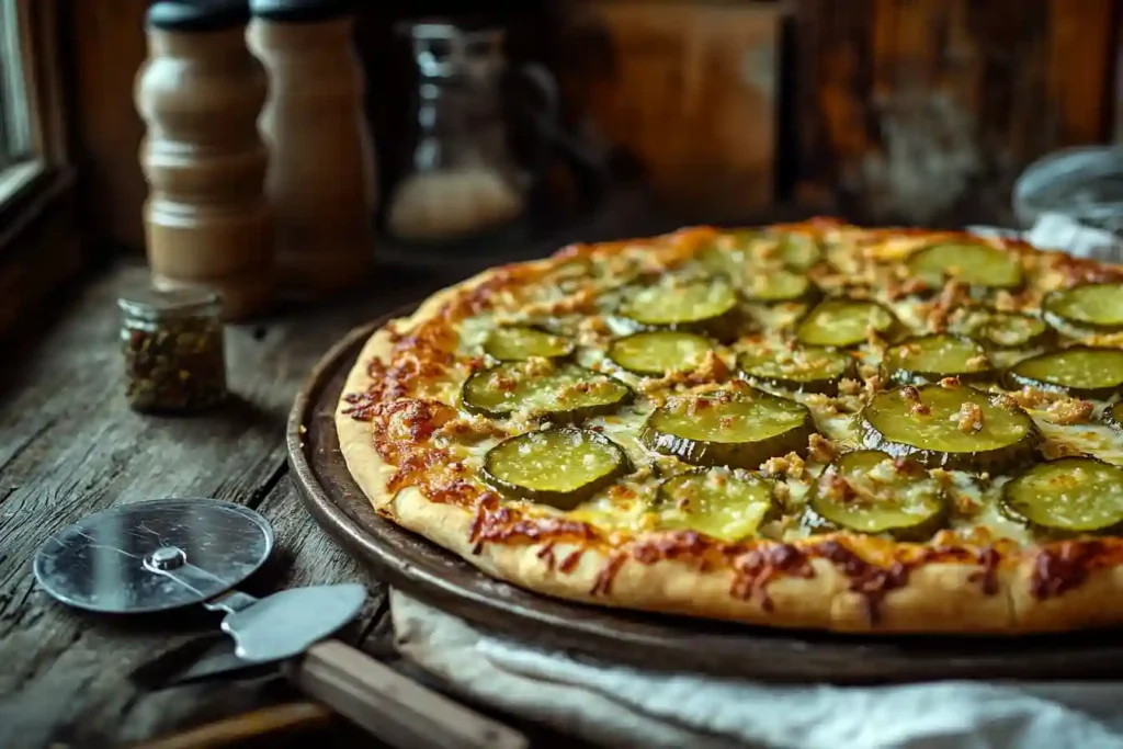 A whole pizza topped with pickles, cheese, and spices on a wooden board, with a pizza cutter and pepper grinder in the background.