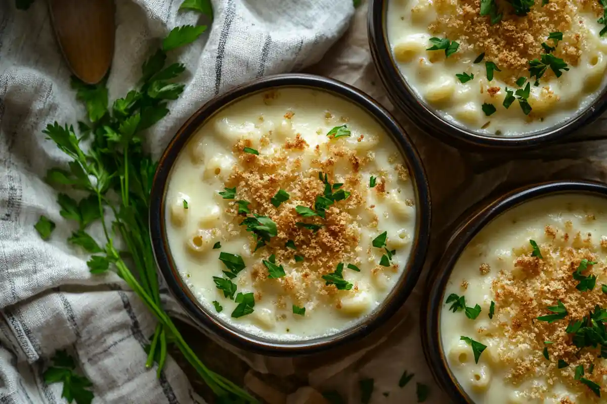 A close-up of three bowls of creamy mac and cheese topped with golden breadcrumbs and fresh parsley.