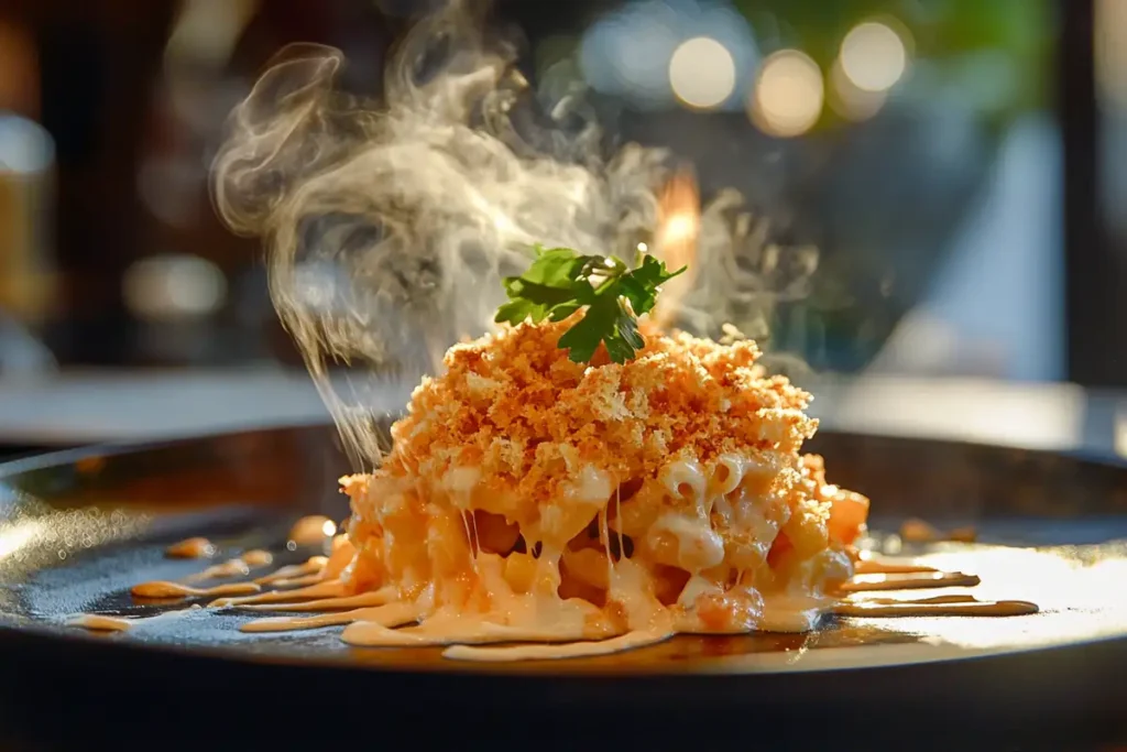 A steaming plate of creamy smoked mac and cheese, topped with crispy breadcrumbs and garnished with fresh parsley.