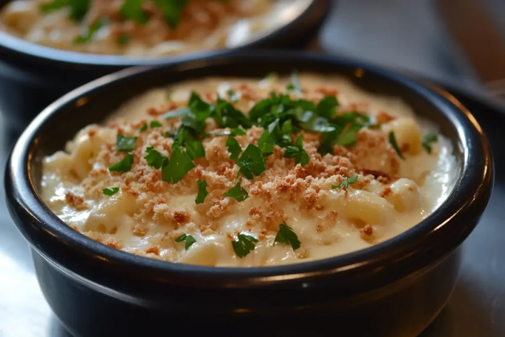 A close-up of a bowl of creamy smoked mac and cheese, topped with toasted breadcrumbs and fresh parsley.