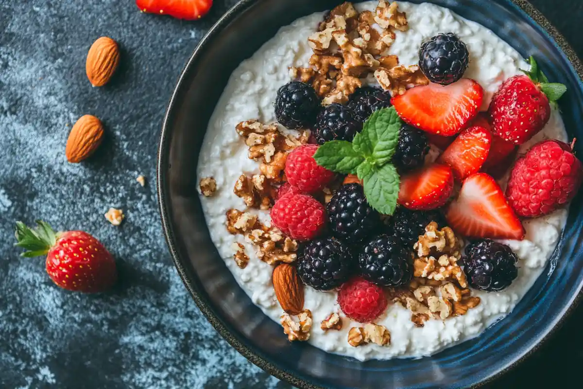 Cottage cheese with fresh berries and nuts.