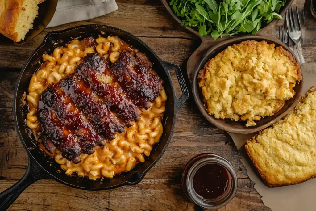 A cast iron skillet filled with creamy macaroni and cheese topped with glazed barbecue ribs, served with cornbread, arugula, and a jar of barbecue sauce on a rustic wooden table.