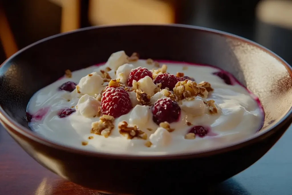 Greek yogurt with berries and nuts as the best breakfast for losing weight.